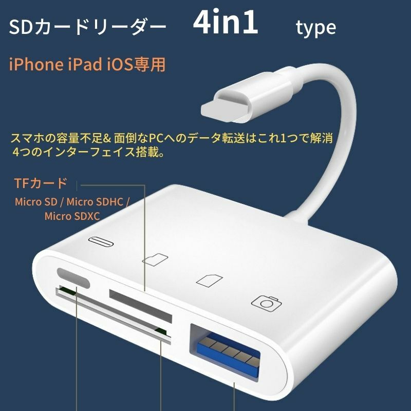 カードリーダー PC無で画像移動 データバックアップ SDカードリーダー 4in1 iphone Lightning カメラリーダー lightning USB3.0 マイクロsdカードリーダー microsdカードリーダー iPad iOS専用 アイフォン アイパッド 日本語取説 写真移動 iPhone13 12 11 11pro X XS XR 対応