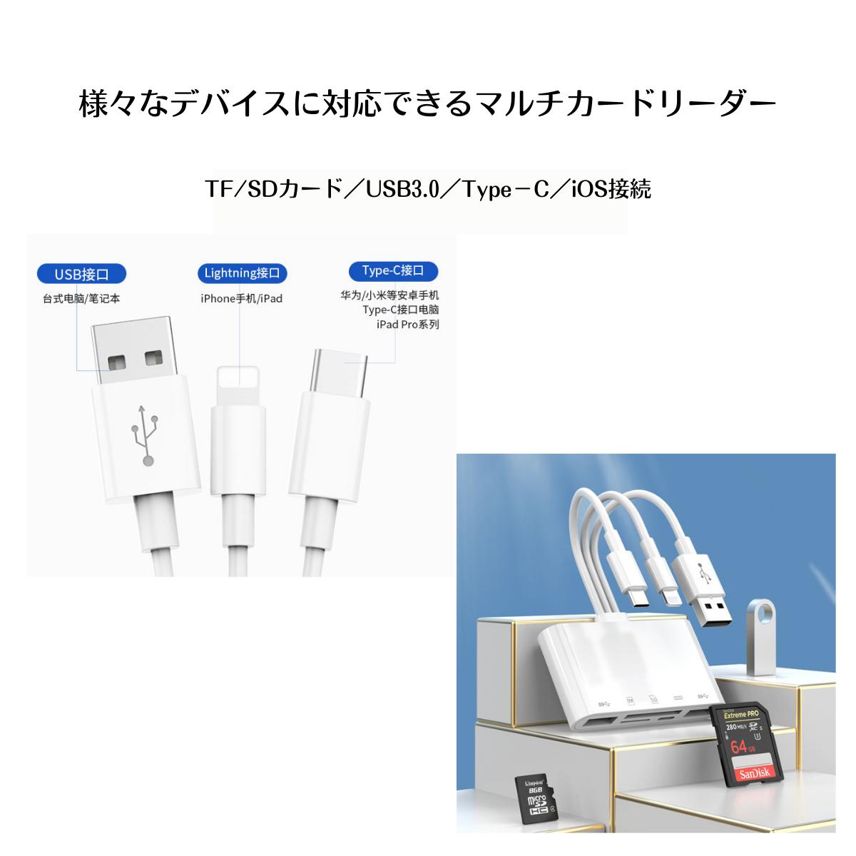 カードリーダー PC無で画像移動 データバックアップ SDカードリーダー 5in1 iphone Lightning カメラリーダー iOS Android MAC用 USB3.0 microsdカードリーダー iPad iOS専用 アイフォン アイパッド 日本語取説 写真移動 iPhone15 14 13 12 11 11proX XS XRなど対応 3
