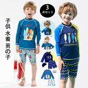 キッズ 水着 男の子 セパレート キッズ 男の子 3点セット 長袖トップス ハーフパンツ ラグラン プリント uvカット日焼け防止 子供用 セパレート スイムキャップ キッズサーフパンツ 海パン 海水パンツ フィットネス スクール水着 男の子 男児 長袖90/100/110/120/130/140cm(4)