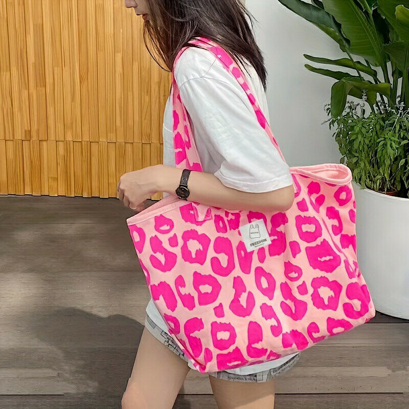 レオパードプリント キャンバス トートバッグ 大容量 ショルダーバッグ キッスロッククロージャー 軽量..