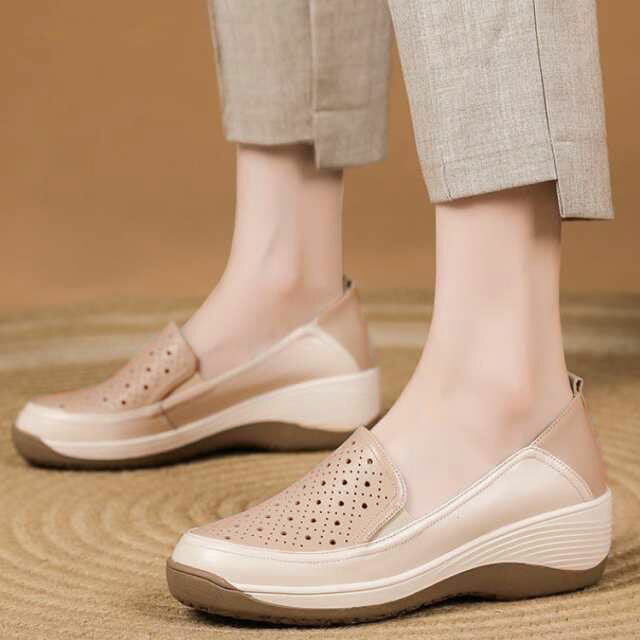 厚底 ママシューズ スリッポンタイプ 厚底シューズ 歩きやすい 4cm レザーシューズ 柔らかい 透かし 春..