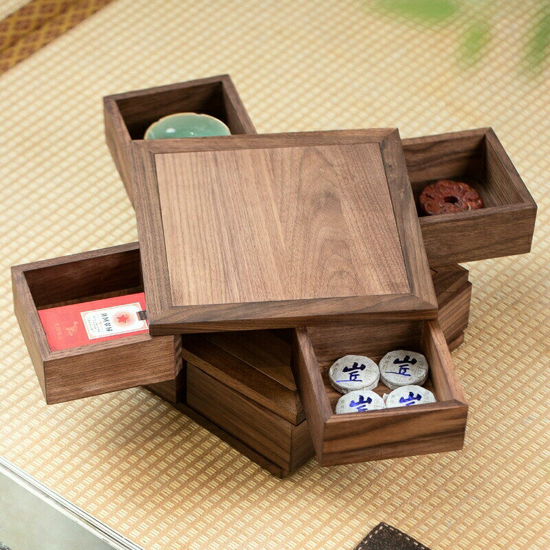 回転 収納ケース 木製 ウッドケース 天然木 ウールナット 卓上 ケース 木 1段 2段 小物収納 正方形 仕..