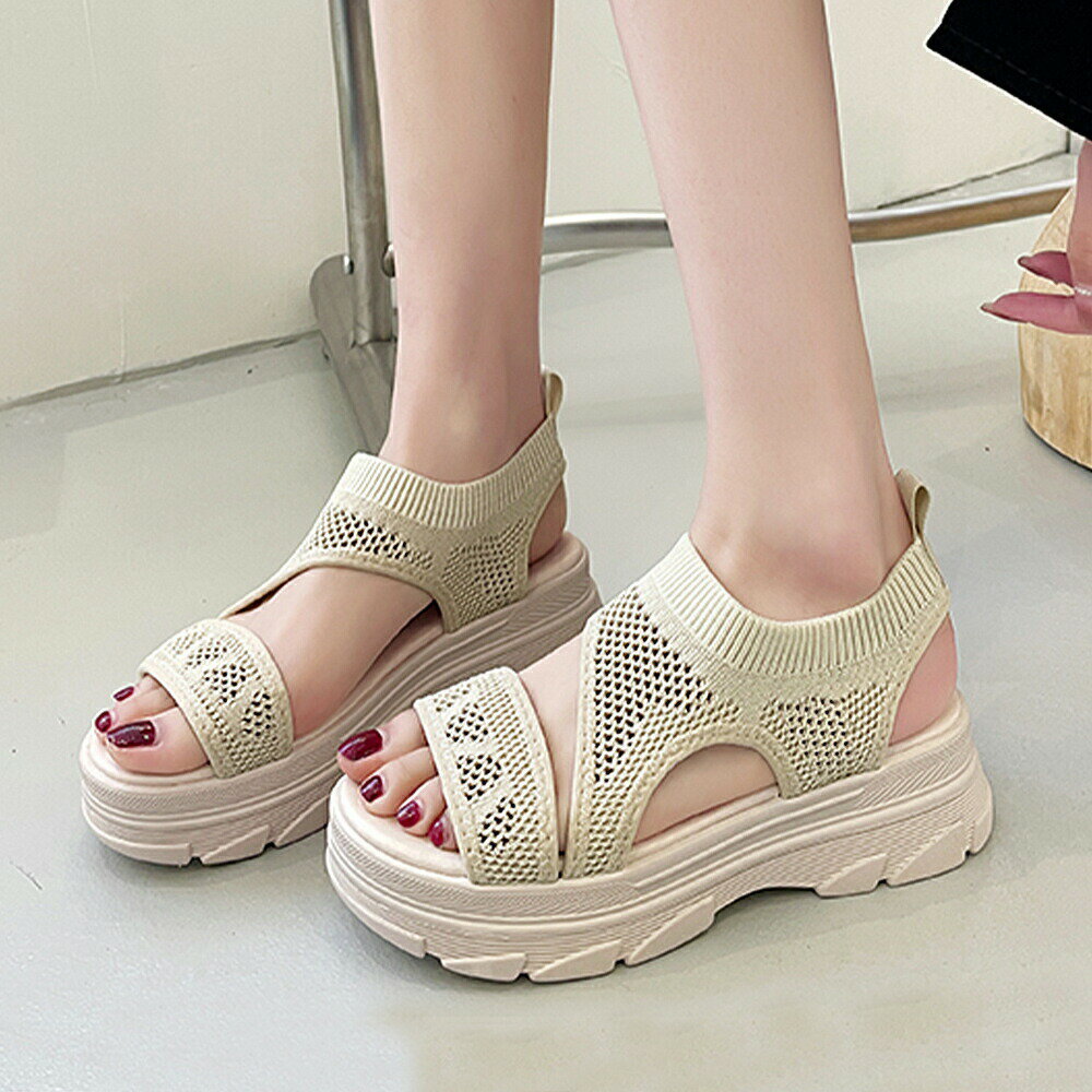 厚底 ニットサンダル レディース 全2色 スポーツサンダル 韓国風 春夏秋 靴 通気性 履きやすい 新作 人..