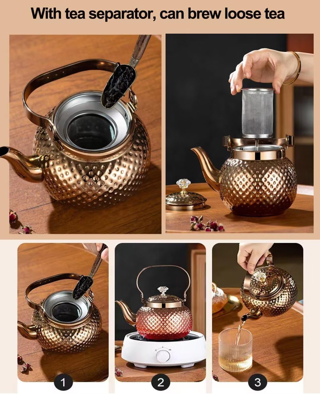 ティーセパレーター付きの槌目形状の小さなティーケトル、醸造ルーズティーティーポット、ダイヤモンド..