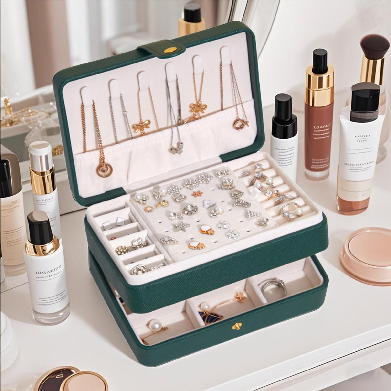 トラベルジュエリーボックス, 大型三層ジュエリーボックス 防水PUレザー ケース, 女性用リング ブレスレット ネックレス トラベル 収納ホルダー