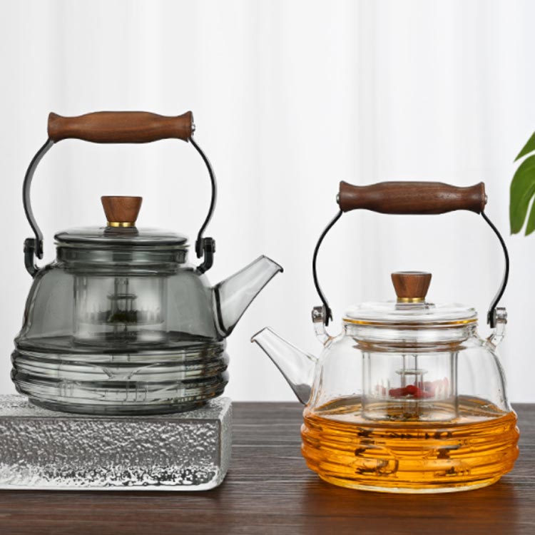 耐熱ガラス急須 ティーポット 2種類 茶こし付き ホウケイ酸ガラスティーポット 木製ハンドル 1000ml ガラス急須 やかん ガラス製ポット 茶葉のジャンピング 蒸茶 煮茶 紅茶ポット フルーツティー 花茶 工芸茶