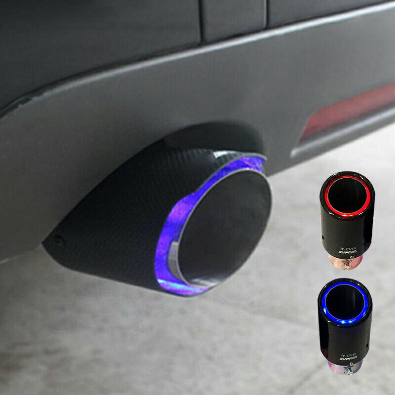 マフラーカッター LED カーボン ステンレス製 おしゃれ シングル ストレート パイプマフラー 円筒形 炭..