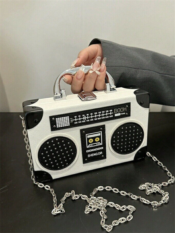 1個 ラジオ型ハンドバッグ、ファッショナブルな音楽エレメントボックスデザイン レディースバッグ、ス..