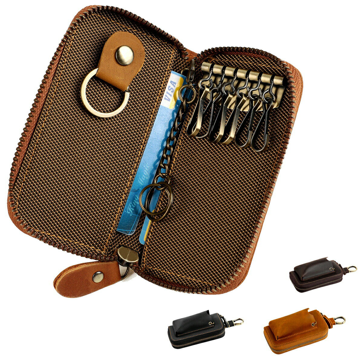 牛革 スマートキーケース 本革 レザー メンズ レディース 6連 キーケース スマートキー カード入れ カードケース ファスナー かわいい おしゃれ 大容量 コンパクト 男女兼用 人気 ビジネス 彼氏 父の日 プレゼント ギフト