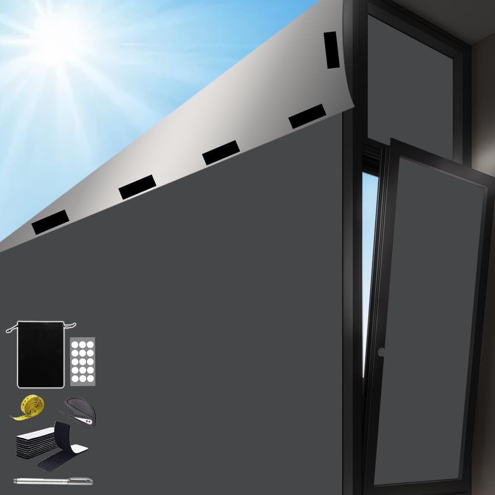 窓遮光シート 断熱・UV カット 幅145cm x 長さ100cm 暗さ MAX 安眠 日除け・西日対策 目隠し 防水 自由裁断 DIY 貼付簡単 寝室・浴室・風呂場 窓ガラス用 遮光布 カーテン代用