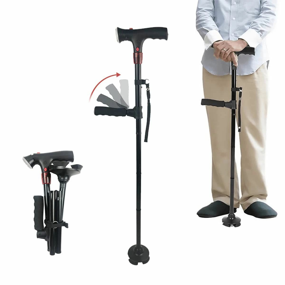 折りたたみ杖 四点支持 軽量 つえ LEDライト で夜道も安心 警報機能付き 補助ハンドル付き スマートケ..