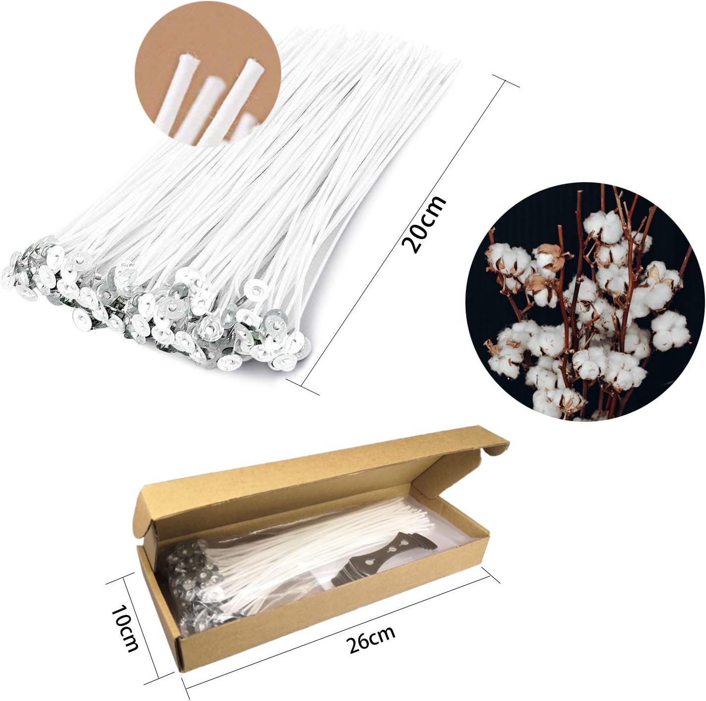 キャンドル芯 ろうそく芯 20cm 座金付き 綿100%のキャンドル材料 ステンレス固定用ホルダー 丸形両面テ..