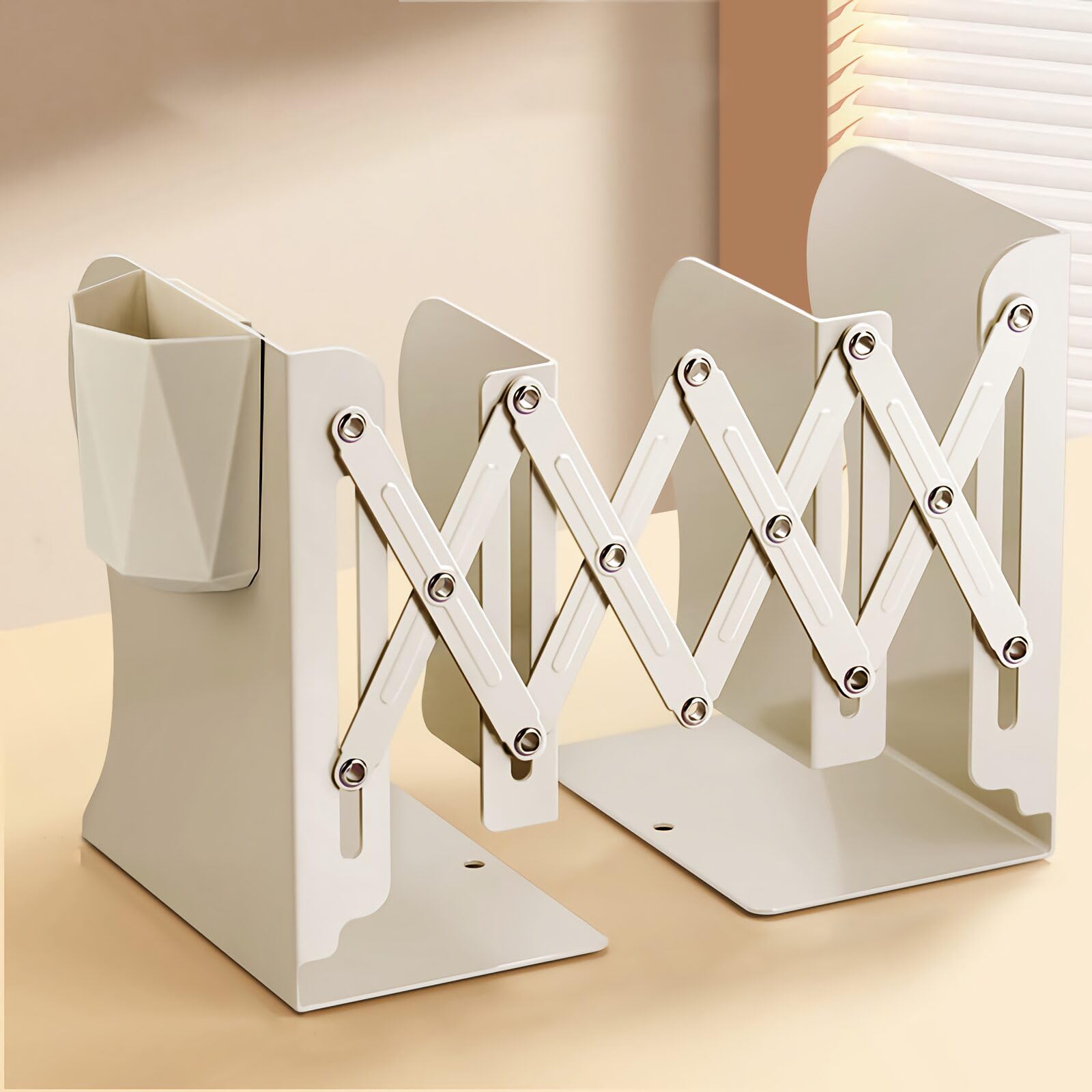 金属製 ブックスタンド 伸縮自在 本立て 倒れない ペン立て付き 多機能収納 デスク周り オフィス 在宅勤務 勉強 リビング 書斎 本棚 本/雑誌/書類入り整理...