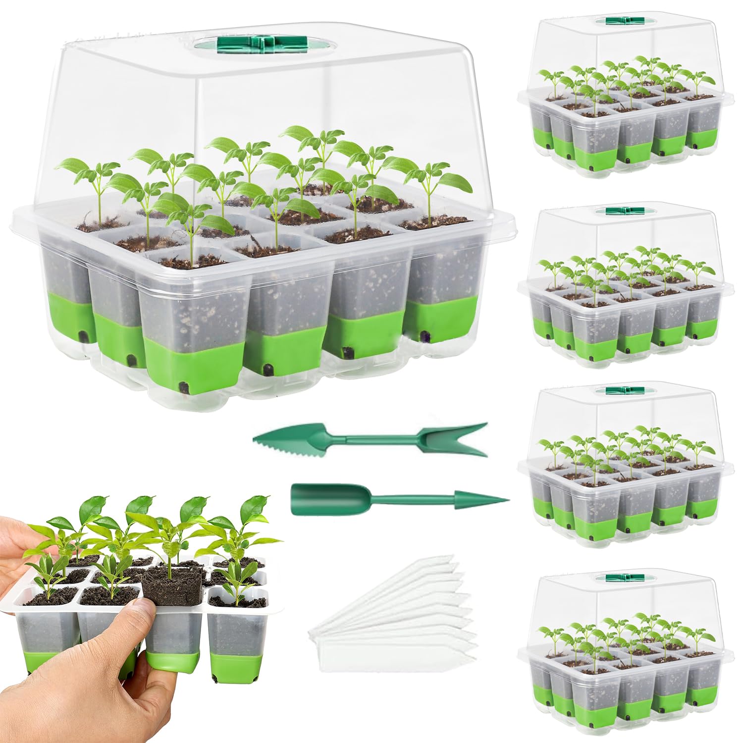 5個セット 育苗ポット 育苗箱 種子トレイ 12穴 高苗箱 ソフトシリコンベース 透明カバー 通気性 発芽育..