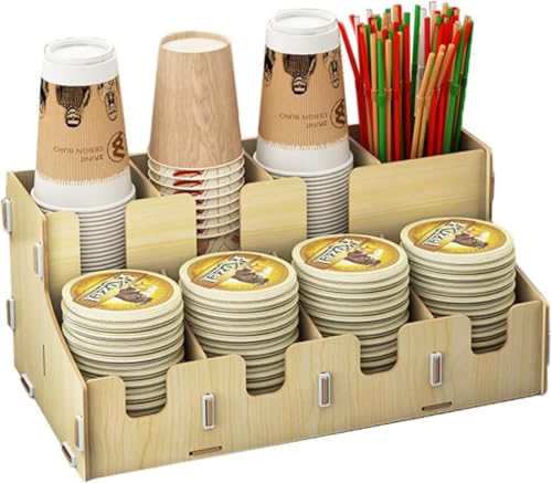 紙コップホルダー、コーヒーカップ収納、大容量、ペットボトルホルダー、冷蔵、カップディスペンサー、飲料ディスペンサー、木製、収納ラック、多機能、省スペース (ブラウン,B) [並行輸入品]