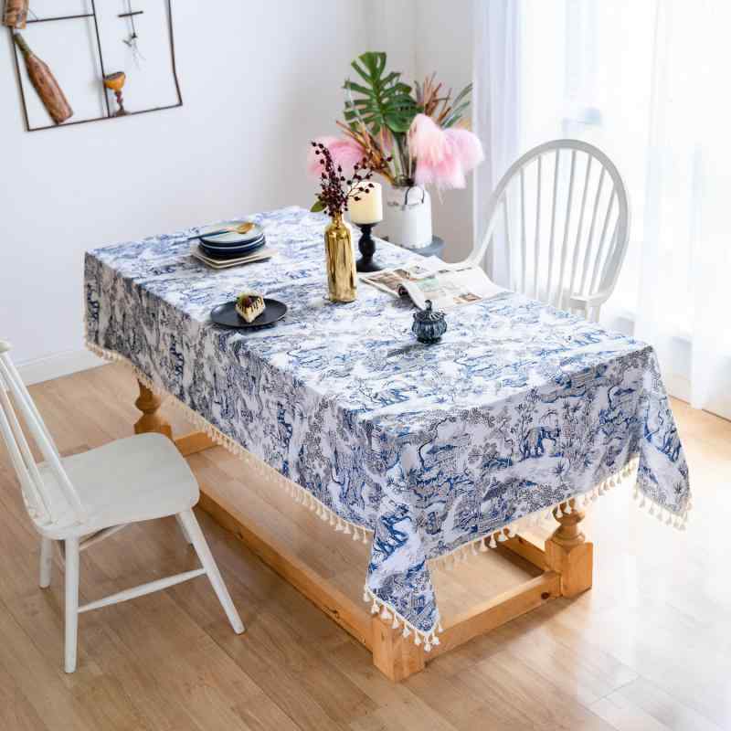 テーブルクロス 綿麻 布製 青色 山居図 プリント柄 タッセル付き 長方形 滑り止め 丈夫 防塵 おしゃれ 装飾用 和風 民宿 レストラン ダイニング リビング 食卓カバー