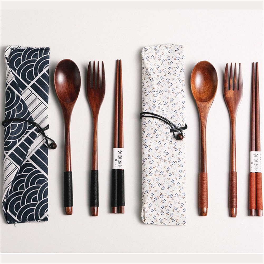 木製ランチカトラリーセットスプーンフォーク箸ポータブル食器セットブルーポーチ旅行用品セット学生の..