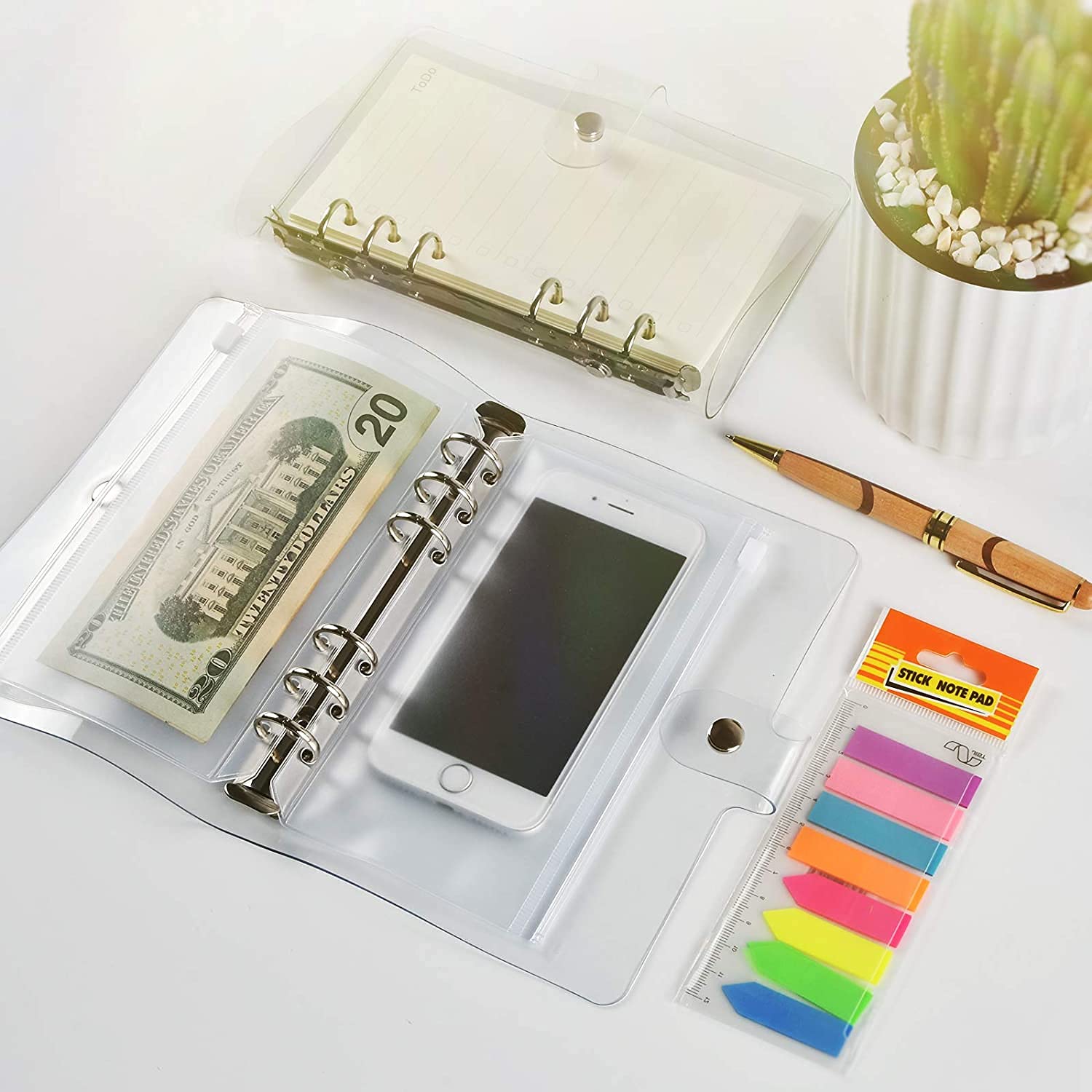 システム手帳 クリアバインダー A5 LOORIPRO 透明手帳 6穴柔らかい PVC製 クリアファスナーポケット2枚..