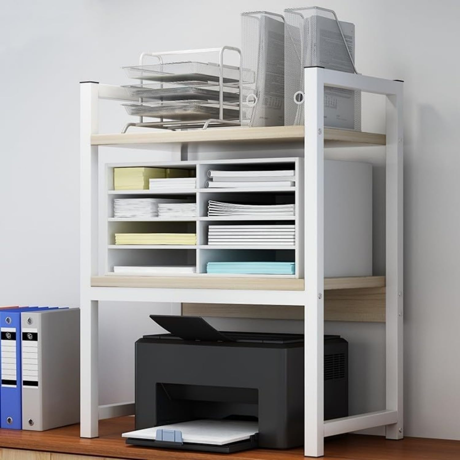 プリンターラック 卓上収納 プリンタスタンド 木製 スチールフレーム 頑丈 コンパクト 机上 机下台 お..