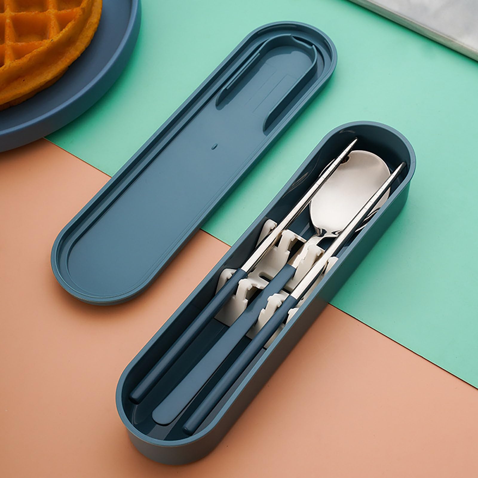 箸 スプーン セット お弁当 4点セット はし スプーン コンビセット 箸ステンレスセット お弁当用 カトラリーセット ケース付き 滑らない箸 ステンレス 大人 小学生 食洗機対応 4色 (ブルー)