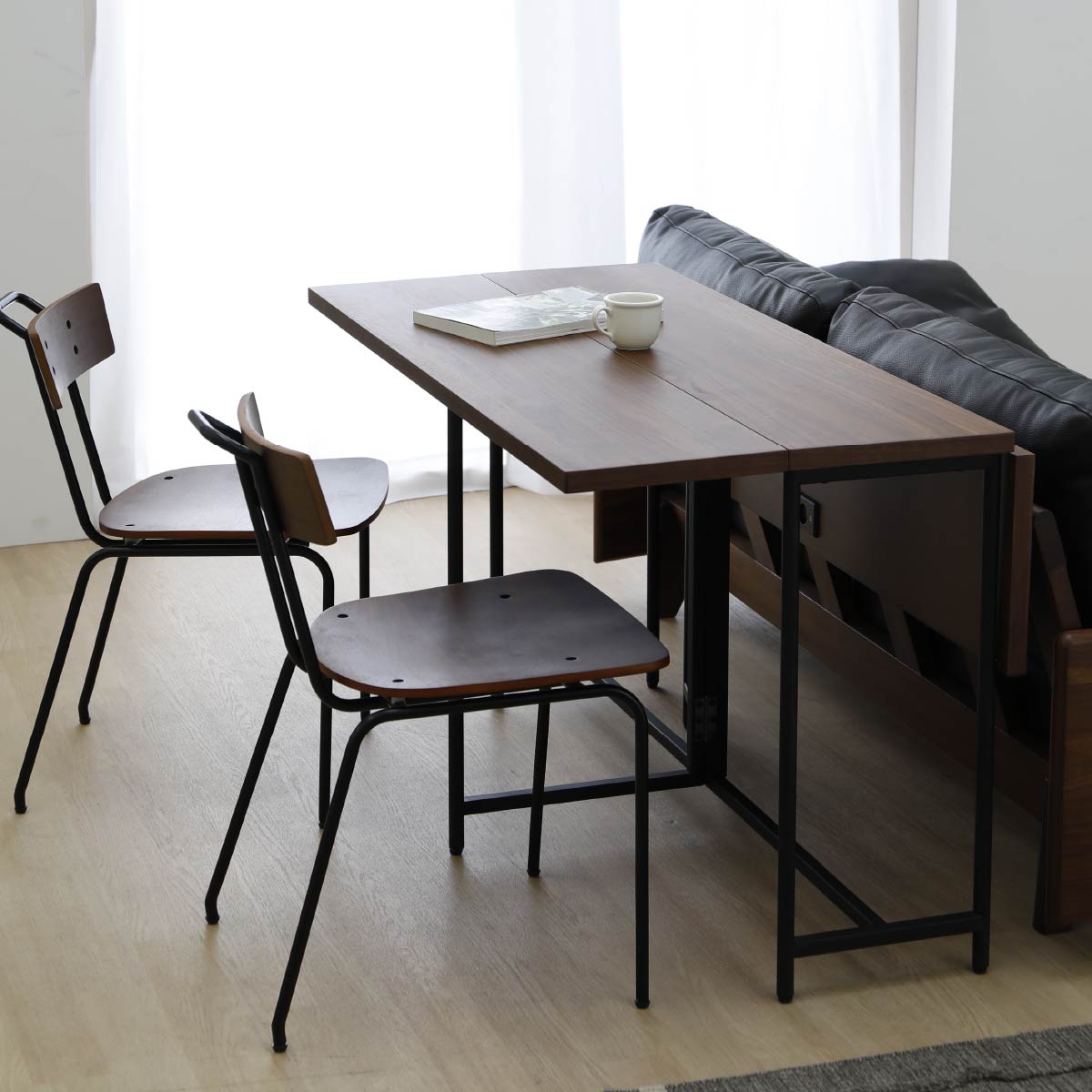 ダイニングチェア 完成品 天然木 スチール ウォールナット 無垢 ブラック アイアン 黒 幅 42 cm ミッドセンチュリー インタストリアル ダイニング リビング チェア 椅子 イス スチールチェア ブラウン レトロ ヴィンテージ 2脚セット