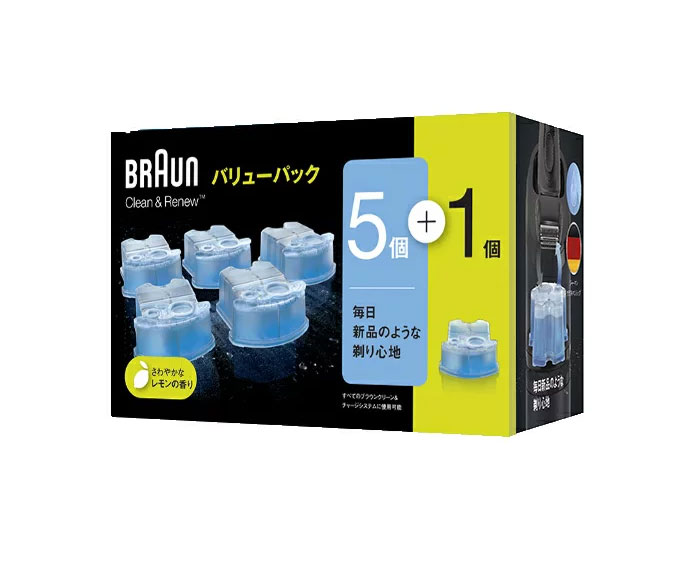 クリーン＆リニューシステム専用洗浄液カートリッジ5+1個パックです。 ブラウンのすべてのクリーン＆リニューシステム（洗浄器）共通でご使用いただくことが可能です。