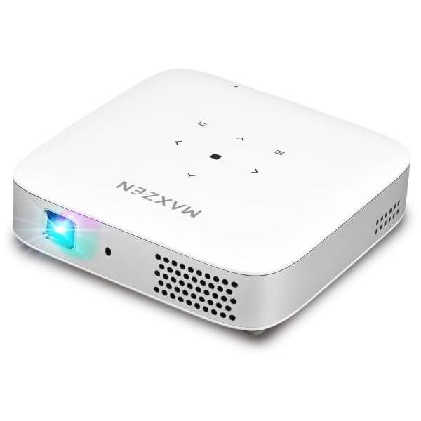 ★ 連続再生時間コードレス 約2時間AC接続時 約8時間コンパクトサイズだから、リビングや寝室など設置場所を選ばずスッキリ設置でき、使いたいときにすぐ取り出せます。さらに、内蔵バッテリー搭載でコードレスで持ち運びも可能!自宅でも外出先でも、大画面の映像を手軽に楽しめます。★ 壁が無くても工夫すると投影場所は作れます!締め切ったブラインドカーテン家にロールカーテンを設置キャンプ中のテントにもホワイトボードに投影★ おすすめアプリ搭載済みWi-Fiに接続してすぐに楽しめるYoutube 、Netflixなどのアプリは既にインストール済み!★ Android11搭載その他アプリもGoogle Playストアからインストールが可能です。※ほかのアプリをダウンロードすることも可能ですが、互換性の問題により、完全に動作しない可能性があります。★ ミラーリング対応スマートフォンの画面をワイヤレスで投影。動画や写真なども大画面で楽しめます。★ iPhone/iPad Android ※一部スマートフォンやコンテンツには対応していない場合があります。またアプリの追加ダウンロードが必要な場合があります。 ★ 有線でも接続可能 プロジェクターとスマートフォンを優先で接続することも可能です。 USB Type-C付属 ★ 大画面で地デジや録画も楽しめる 付属のHDMIケーブルで各種プレイヤーとつなぐだけで設定は簡単です。 ※地デジやBSCSの視聴などには別途チューナーが必要です。 ★ 大迫力の100インチ投影 10インチ?100インチまで対応 ★ このプロジェクターなら、10インチの省スペース利用も、100インチのダイナミック体験もこれ1台。 近距離投影OKなので、設置場所を選びません! * 投影方式: DLP * 解像度: 720P(1280×720) * 入力解像度: ~4K(3840×2160) * 最大輝度(ANSIルーメン): 100ANSI/lm * 光源: LED * LED寿命: 30000時間 * 投影比率: 1.2:1(38インチ/1m) * 投影サイズ: 10~120インチ * アスペクト比: 16:09 * コントラスト比: 400:01:00 * 投影歪み: ＜1.5% * 周辺照度比: ＞85% * フォーカスモード: マニュアルフォーカス * 台形補正: 垂直: 自動 ±40°/水平: 手動±40° * 投影モード: 正面、背面、吊り下げ正面、吊り下げ背面 * オペレーションシステム: Android 11 * CPU: Allwinner H713 * GPU: Mali G31 * RAM: 2GB * ストレージ: 32GB * Wi-Fi規格: DUAL-BAND 2.4G/5G * Bluetooth: Bluetooth Ver.5.2 * 操作性: タッチパット/リモコン/スマートフォンアプリ * ミラーリング機能: Transcreen/Airplay/MiraCast * 内蔵スピーカー: 3Wx1 * 内蔵バッテリー: 8000mAh * 連続再生時間: 内蔵バッテリー:約2時間、ACアダプターで使用の場合8時間まで * 消費電力: 10W * 騒音: 30dB * 入力電圧: DC12 2A * ビデオフォーマット: H.264、H.265、Vp9、MPEG1、MPEG2、MPEG4、H.263、XVID、VP8 * 音楽フォーマット: MP3、AAC.OGG、FLAC、APE * 画像フォーマット: jpg、png、bmp、etc * 入出力端子: HDMI端子(TypeA)x1 / USB端子(TypeA)x2 / USB端子(TypeC・電源入力)x1/ 3.5mm オーディオx1 / DC 電源入力端子x1 * 付属品: 取扱説明書、リモコン、リモコンテスト用電池(単4形x 2本)、HDMIケーブル、ACアダプター、3脚(雲台)、スマートフォン有線接続用ケーブル * 本体サイズ: 幅120x奥行120x高さ28mm * 本体質量: 415g ブランド MAXZEN ディスプレイ最大解像度 1280 x 720 ピクセル ディスプレイタイプ LED 商品の寸法 12長さ x 12幅 x 2.8高さ cm 色 ホワイト ブランド ?MAXZEN メーカー ?MAXZEN 製品サイズ ?12 x 12 x 2.8 cm 電池 ?1 リチウムイオン 電池(付属) 商品モデル番号 ?MP-D10HC-WH カラー ?ホワイト 商品の寸法　幅 × 高さ ?12 x 12 x 2.8 cm 解像度 ?1280 x 720 ピクセル 通信形式 ?Bluetooth ワット数 ?10 W 同梱バッテリー ?はい リチウム電池 ?29.6 ワット時 リチウム電池パック ?電池内蔵 リチウムイオン電池数 ?2