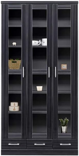 【完成品】 87064 レイン（BK） 90 書棚 本棚 リビングボード 棚 収納 ラック シェルフ ディスプレイ棚 ハイタイプ 幅 80cm 大容量 黒色 ブラック おしゃれ シンプル 光沢 ツヤ 日本製 国産 引き出し 引き戸 ガラス扉 本 小物 リビング