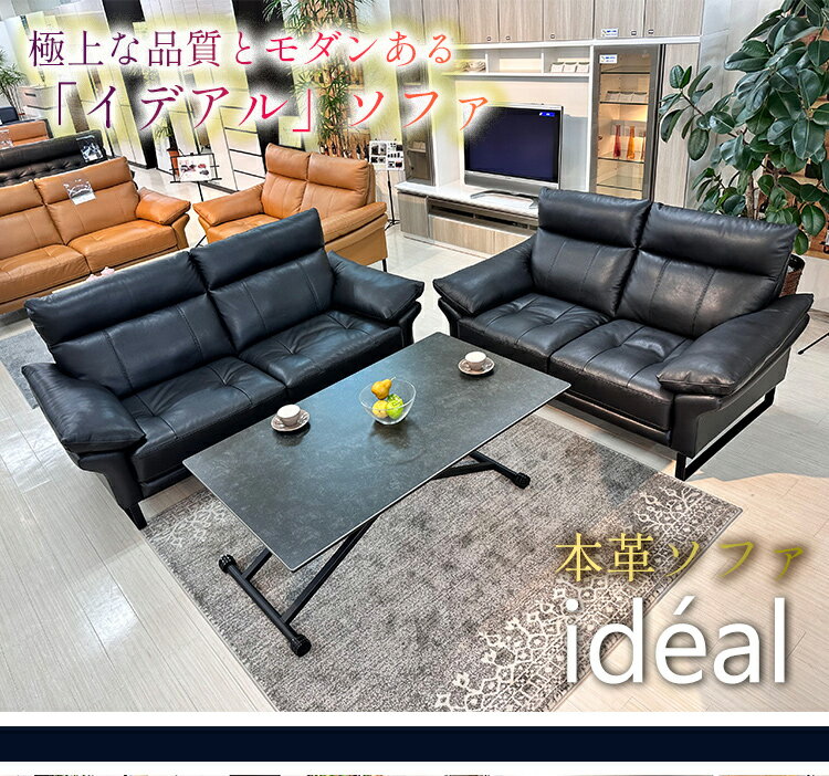 [エントリーでポイント5倍] イデアル | ソファ 幅168cm 奥行92cm 高さ92cm 本革ブラックソファー 2人掛け 【 黒 革 おしゃれ 2人用 ソファー 木製 二人掛け 高級 北欧風 レザー 合成皮革 オシャレ 肘付き 柔らかめ 座り心地良好 モダン 応接間 極厚座面 ブラック [2]