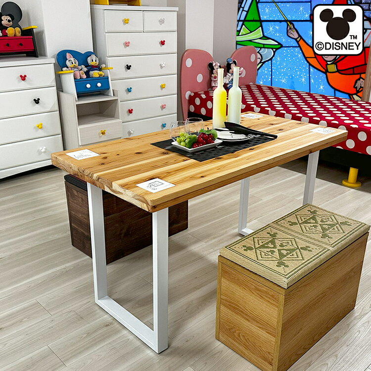 ディズニー （Disney table + bench) 【 ミッキーマウスデザイン 机 木製 おしゃれ 学習机 大人向け 大人 子供 シンプル 男の子 女の子 白 デスク パソコンデスク 省スペース ミッキー 120 天然木 無垢材 陶器 ダイニングテーブルセット ベンチ 3点　2人掛け 収納 チェア 】