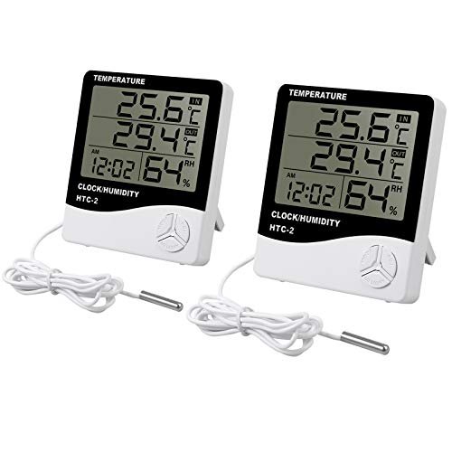 MR:eSynic 2パック LCD 水槽温度計 時間と目覚まし時計機能付き 温度湿度測定 1.5m/フィート プローブ吸盤 デジタル湿度計 魚槽 屋外 屋内