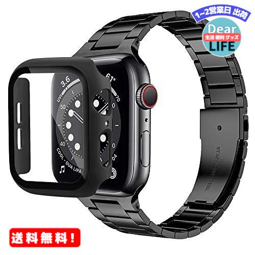 MR:Miimall Apple Watch SE/6/5/4 バンド 保護ケース アップルウォッチ 6 交換バンド カバー シート 金属バンド PCケース 高級ステンレスバンド ステンレス PC材質 調節可能 ビジネス風 Apple Watch SE 交換バンド（ブラック/40mm）