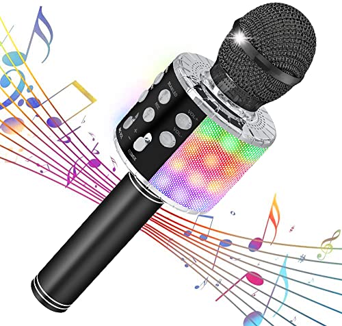 MR: Verkstar カラオケマイク Bluetooth マイク ワイヤレス karaoke 録音可能 無線マイク 多彩LEDライト付き エコー機能搭載 Bluetoothで簡単に接続 伴奏機能付き 音楽再生 家庭カラオケ ノイズキャンセリング Android/iPhoneに対応 (JPブラック)
