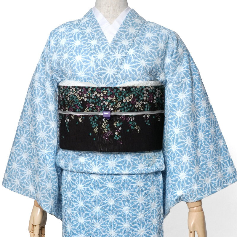単衣着物 エンブロイダリーレース 麻の葉 ドット 水色 七宝 花 刺繍 レトロ モダン 単衣 きもの 仕立て..