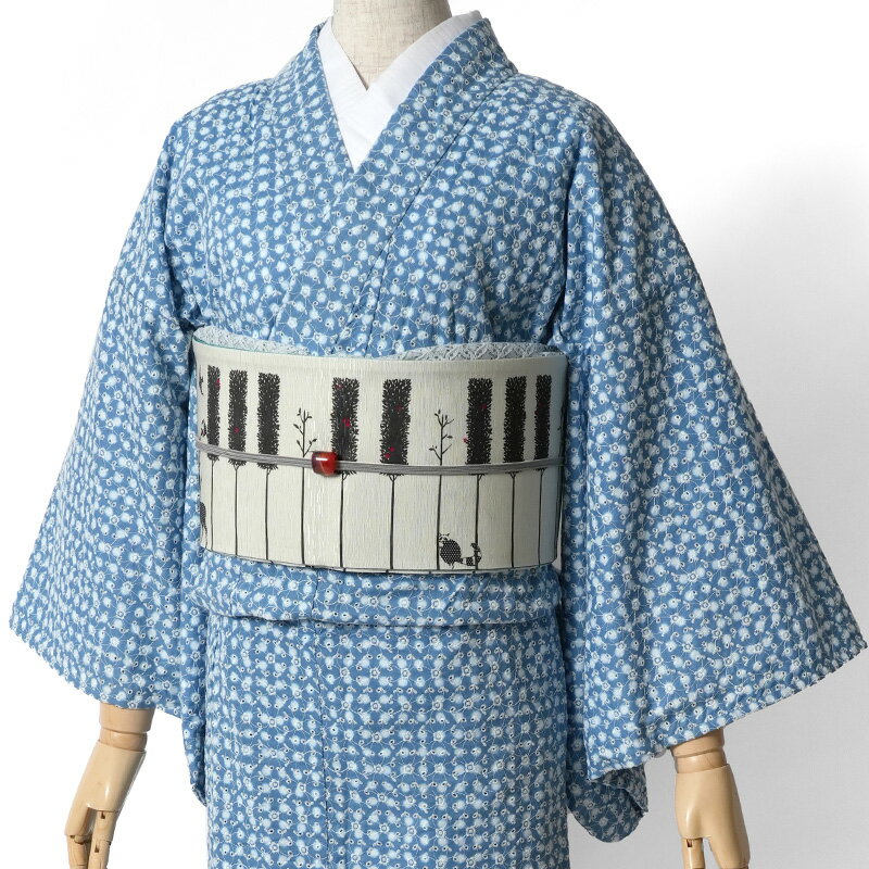 単衣着物 エンブロイダリーレース 地染め豆絞り風 ドット 水色 七宝 花 刺繍 レトロ モダン 単衣 きも..