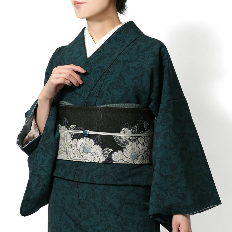 着物 深緑 青緑 JAPAN MODE アラベスク 唐草 袷 洗える着物 仕立て上がり TEIJIN 帝人 カジュアル レディース ポリエステル シック モダン