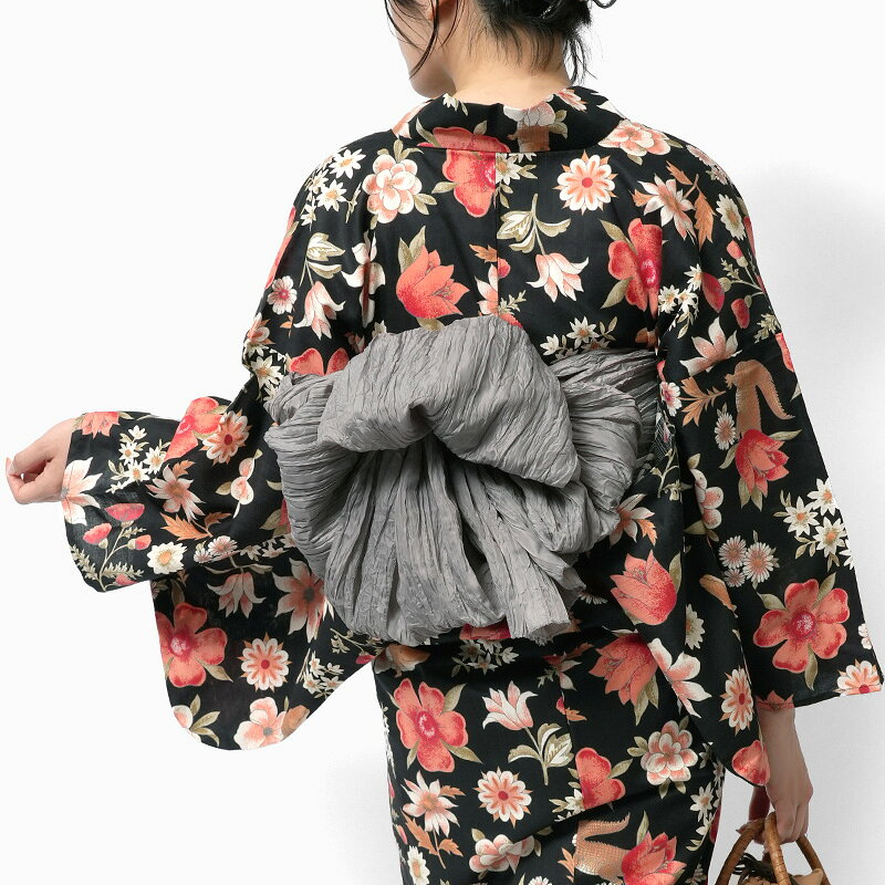 【10%OFFクーポン】浴衣 2点セット ワニとボタニカル 黒 赤 花柄 木綿 個性的 レト...