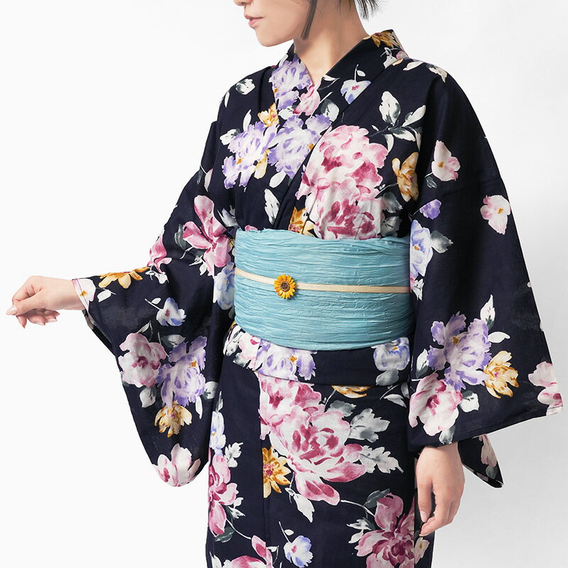 浴衣 黒 紺 ボタニカル 花柄 木綿 古典柄 大人 上品 20代 30代 レディース 女性用 仕立上がり 単品
