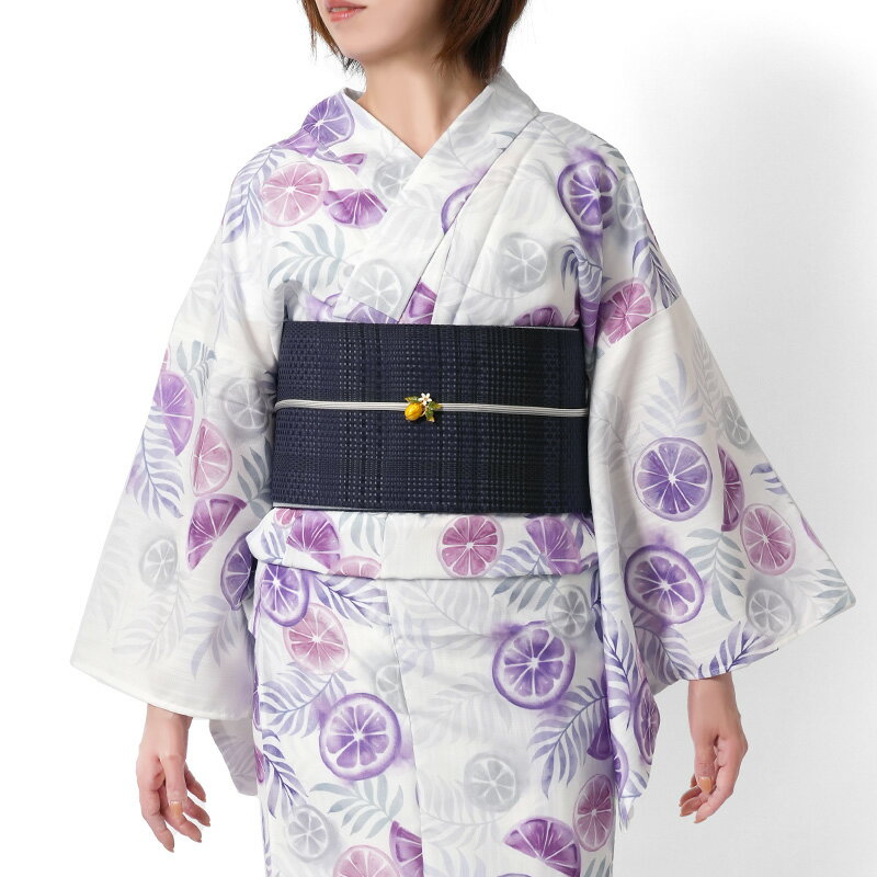 浴衣 シトラスと椰子 レモン 紫 白 フルーツ レディース ボタニカル モダン 上品 女性用 仕立上がり 単品 20代 30代
