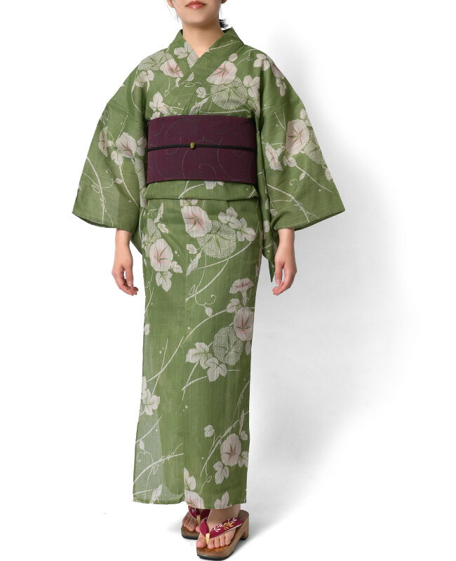 【MAX15%OFFクーポン】浴衣 綿麻 アサガオ 紫 緑 生成り 花 古典柄 あさがお シック レトロ レディース 20代 30代 40代 50代 夏着物 単品 浴衣セット 兵児帯 女性用 朝顔