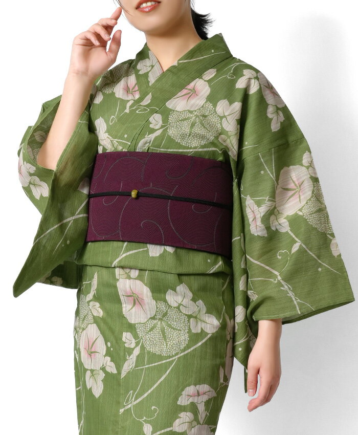 【MAX15%OFFクーポン】浴衣 綿麻 アサガオ 紫 緑 生成り 花 古典柄 あさがお シック レトロ レディース 20代 30代 40代 50代 夏着物 単品 浴衣セット 兵児帯 女性用 朝顔