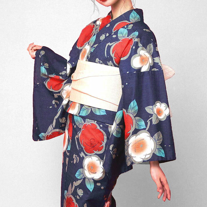 二部式浴衣 椿 紺 花 古典柄 レディース 10代 20代 30代 レトロ モダン 女性用 単品 浴衣 日本製