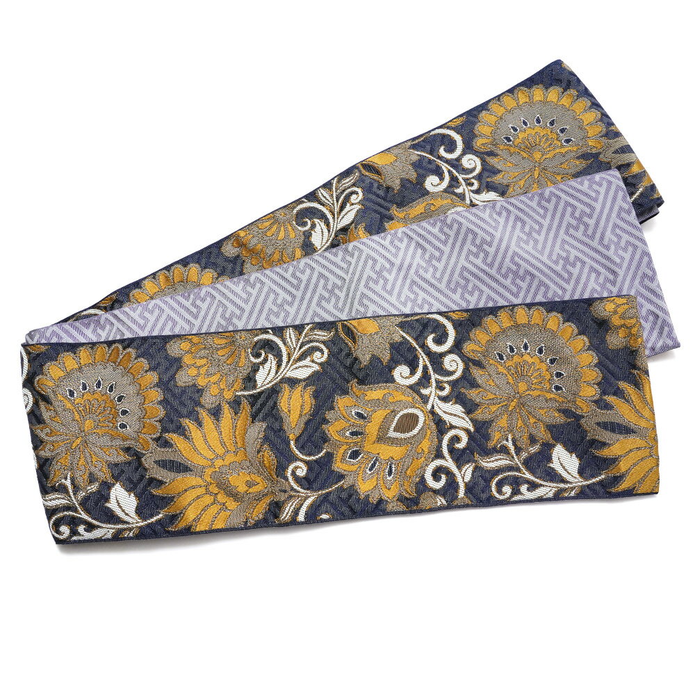 半幅帯 更紗 大花 ネイビー オレンジ ジャガード織 長尺 リバーシブル 変り結び