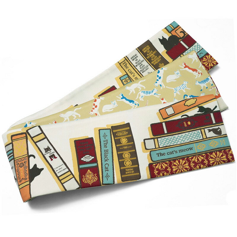 半幅帯 nico by wakka 猫の古本屋 ベージュ オフ白 ブラウン 洋書 ジャガード織 ポリエステル モダン ..