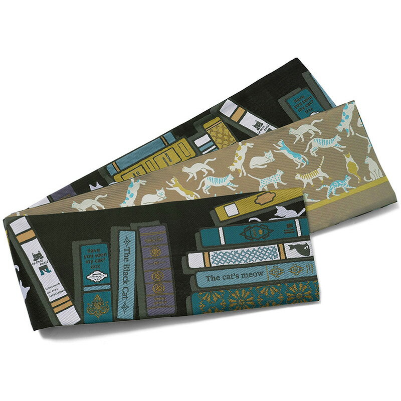 半幅帯 nico by wakka 猫の古本屋 黒 青 ターコイズ 洋書 ジャガード織 ポリエステル モダン リバーシ..