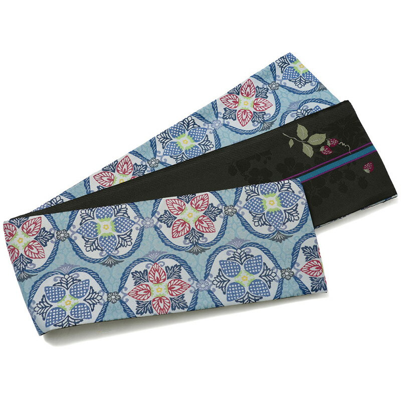 半幅帯 nico by wakka 苺一会 水色 藍 イチゴ ジャガード織 ポリエステル モダン リバーシブル 長尺 変わり結び