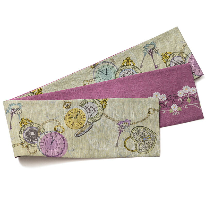 半幅帯 召しませ花 時の扉 ベージュ ピンク 時計 鍵 童話 不思議の国のアリス アンティーク風 日本製 リバーシブル 変り結び 細帯 長尺