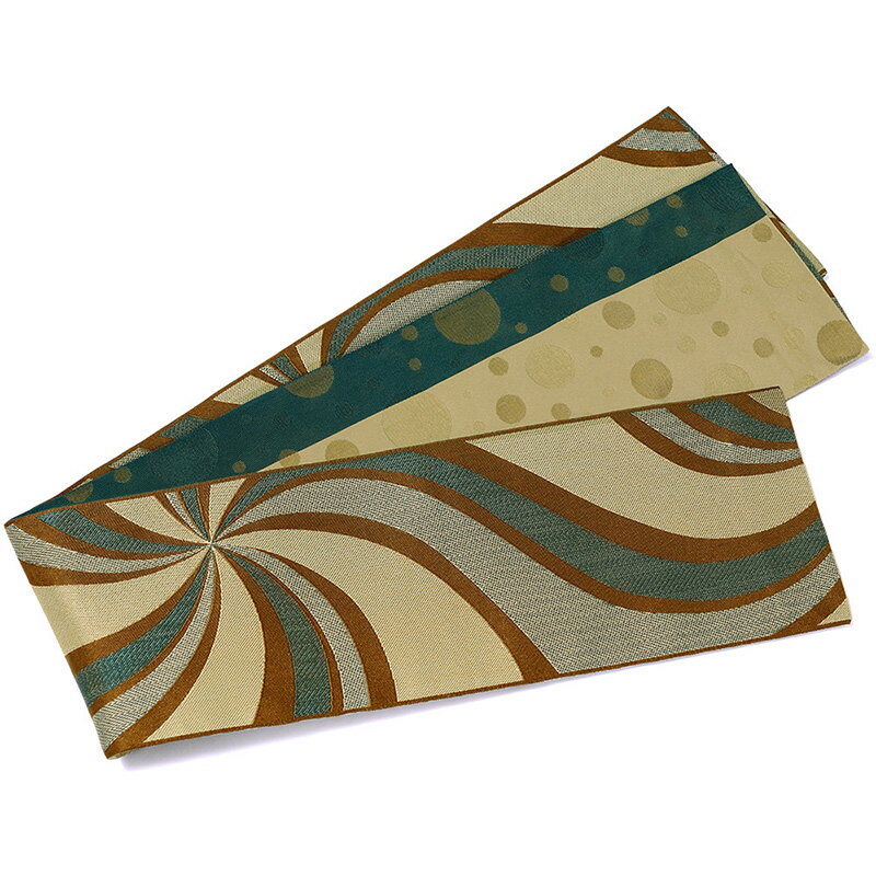 半幅帯 渦 ベージュ ブラウン ダークグリーン ジャガード織 レトロ モダン 長尺 リバーシブル 変り結び