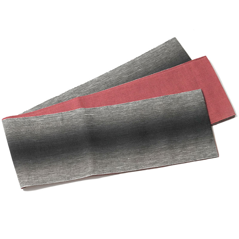 半幅帯 麻 グレー 黒 赤 夏帯 シンプル シック 細帯 長尺 半巾帯