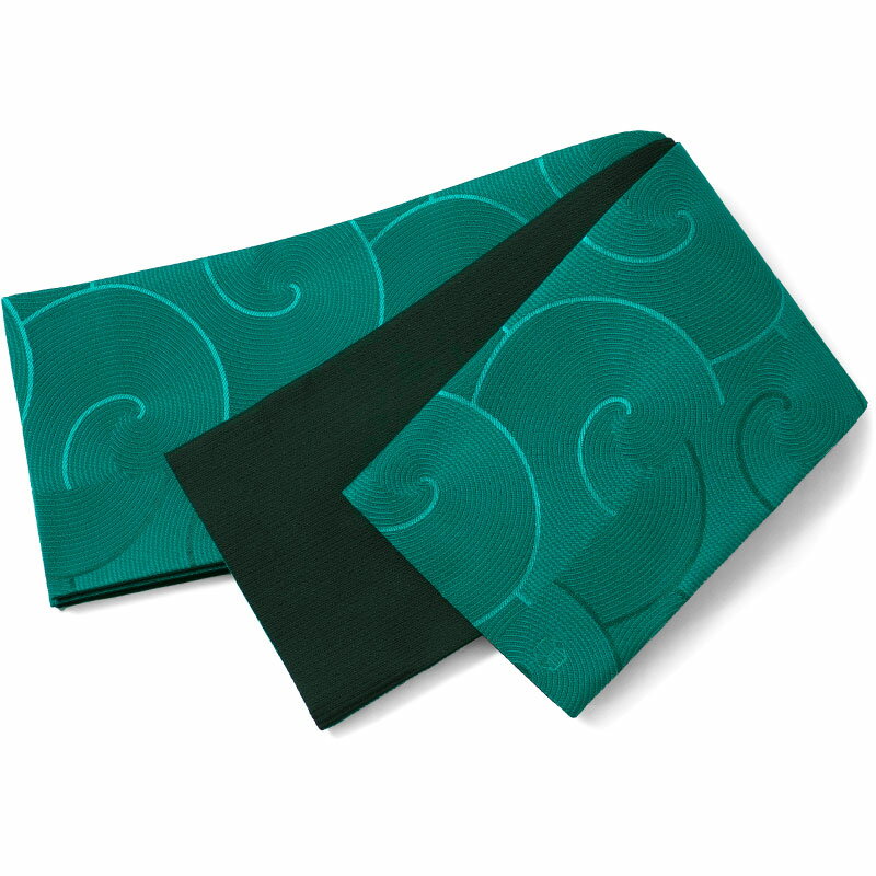 半幅帯 美術サロン 渦美 青緑 黒 シンプル 幾何学 変わり織り シック 細帯 長尺 半巾帯 リバーシブル シンプル 浴衣 着物